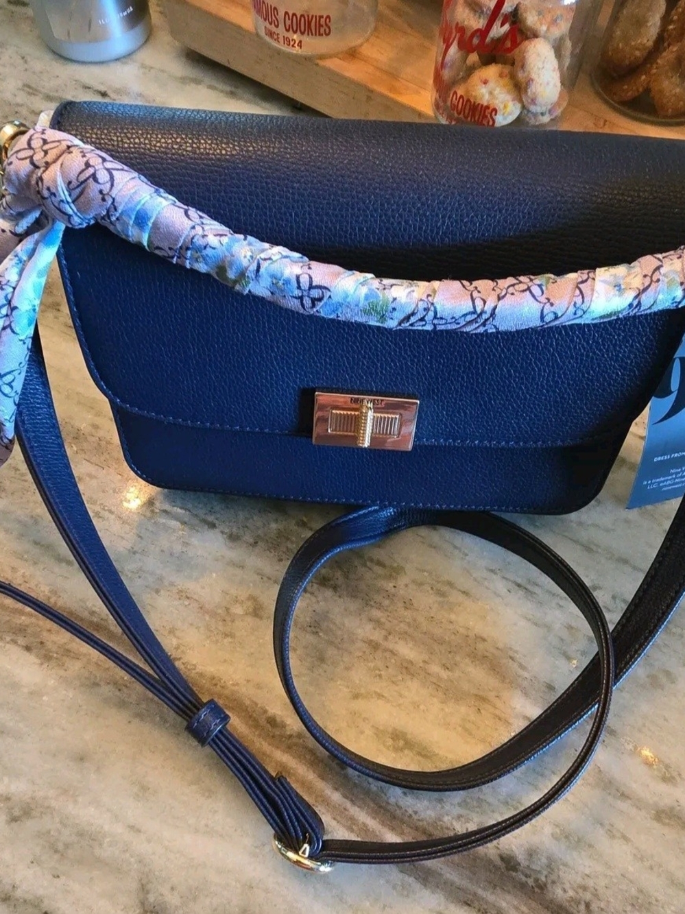 NINE WEST Women’s Navy Crossbody Bag with Floral Scarf Accent NWT
